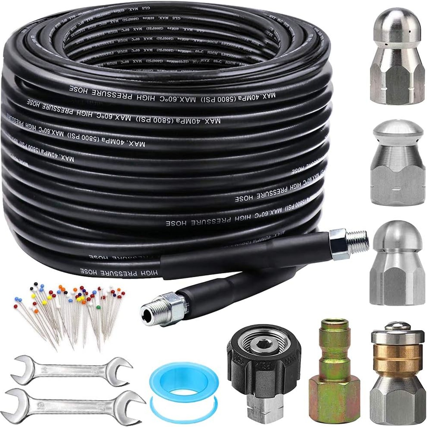 100 Ft Sewer Jetter Kit with 4 Nozzles and Quick-Connect Fittings