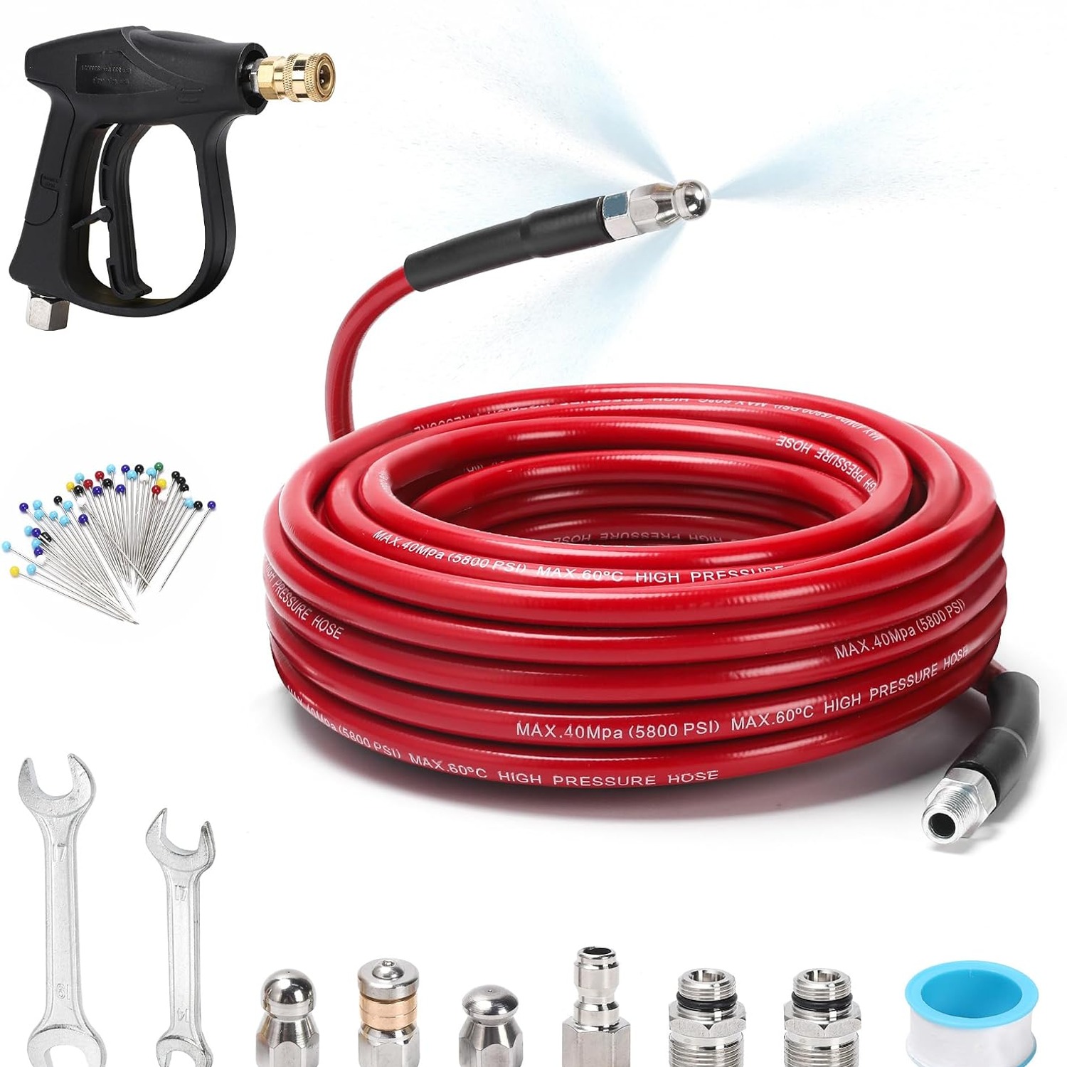 50 Ft Sewer Jetter Kit with Pressure Washer Gun and 3 Nozzles