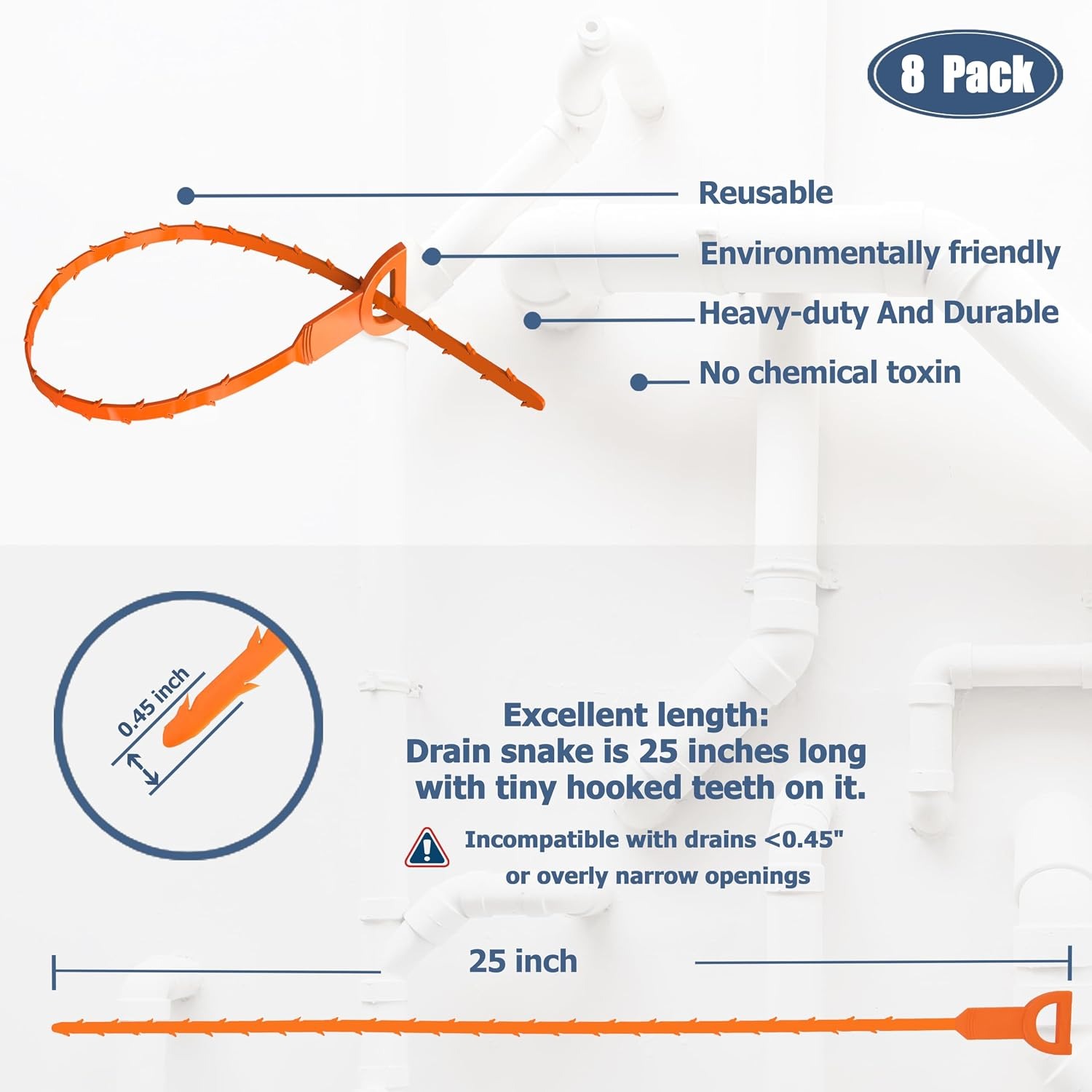 Barbed Drain Snake 25 Inch, 8 Pack Hair Clog Remover Tool: image 2