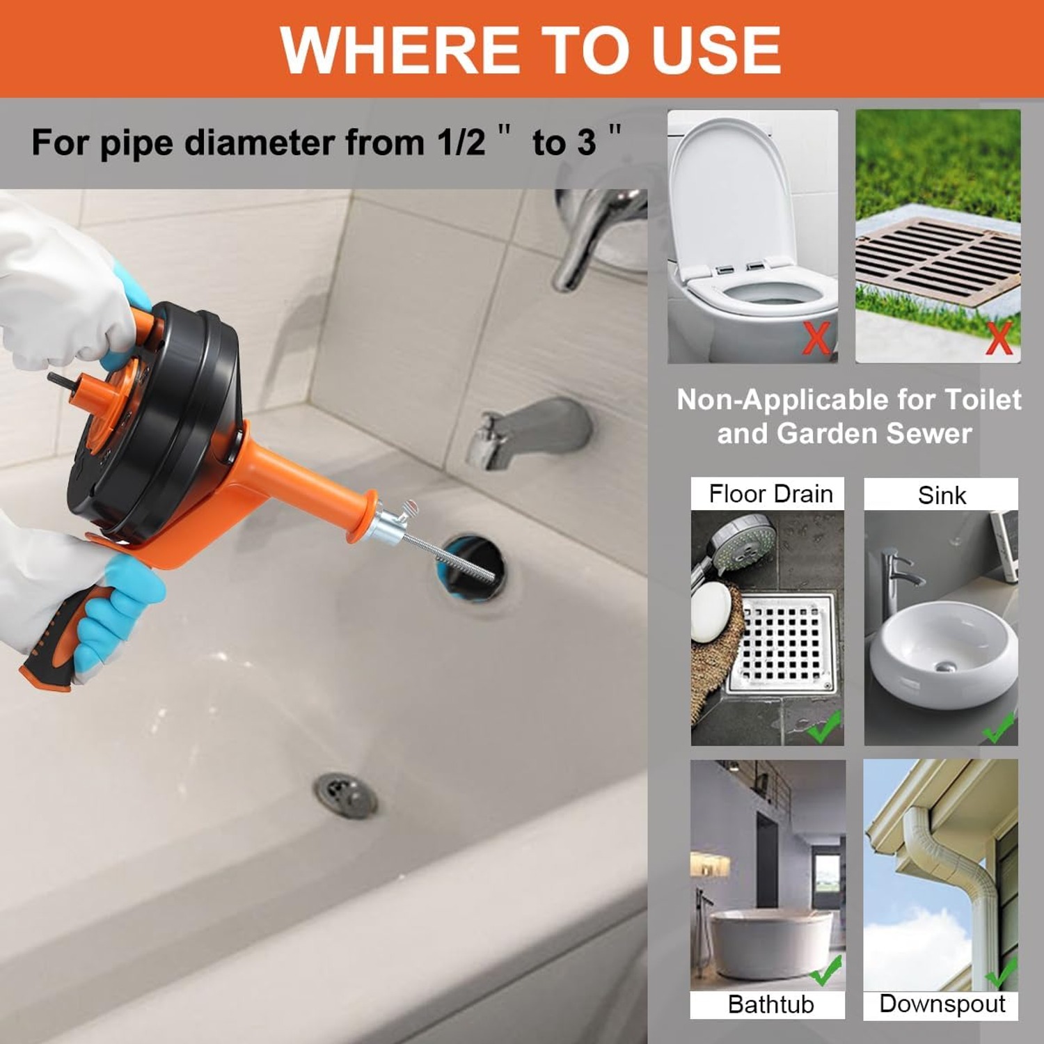 25 Ft Drain Auger with Drill Adapter and Gloves