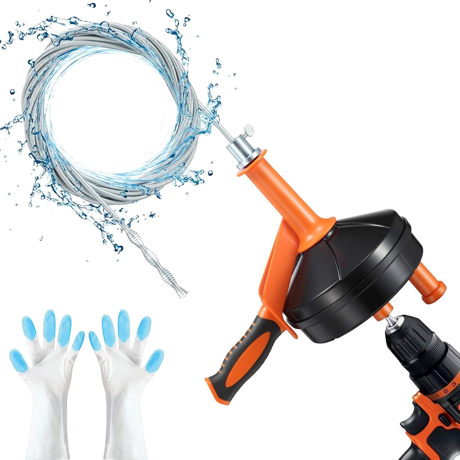 25 Ft Drain Auger with Drill Adapter and Gloves