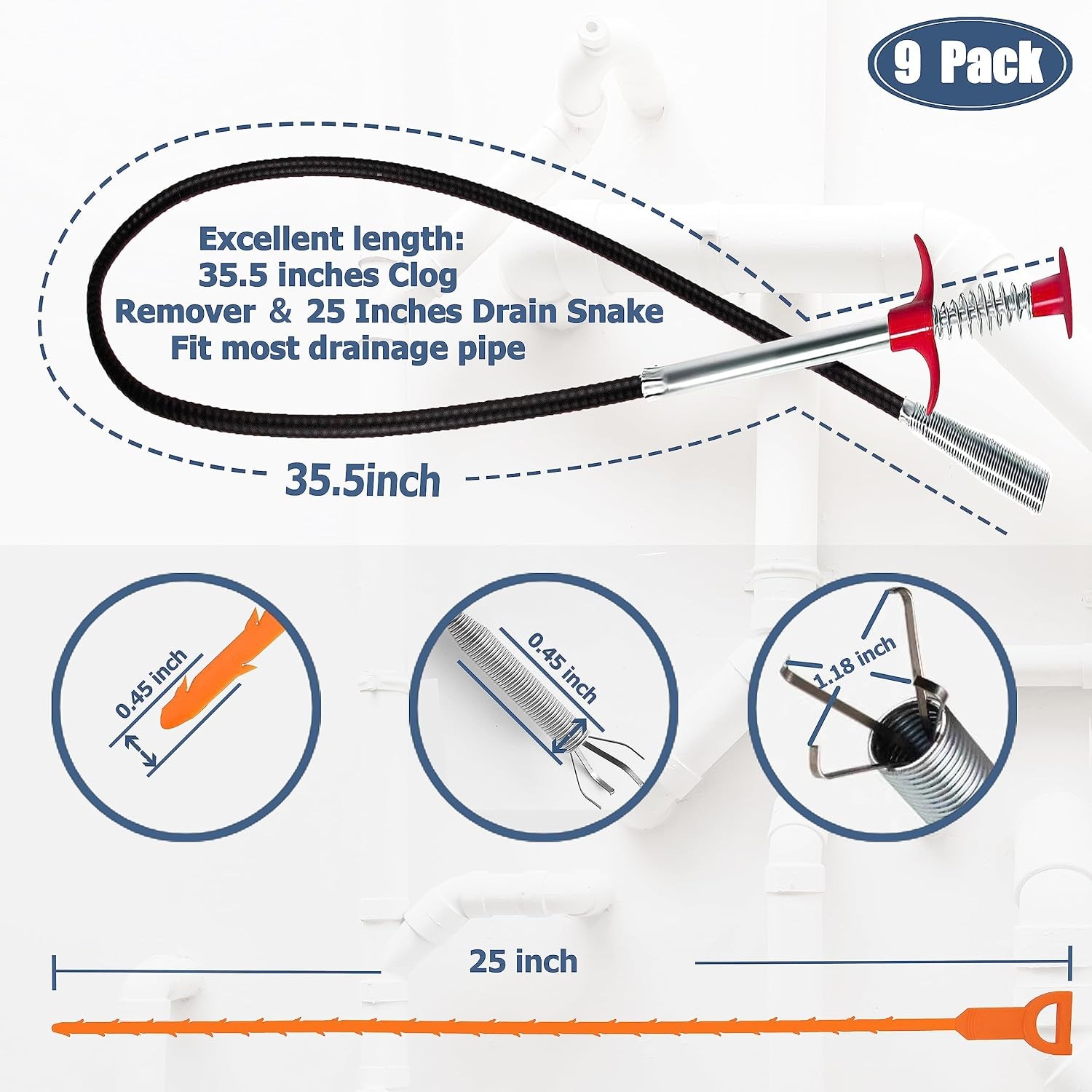 9-Piece Drain Snake Tool Set with Claw Grabber and Pipe Brushes: image 2
