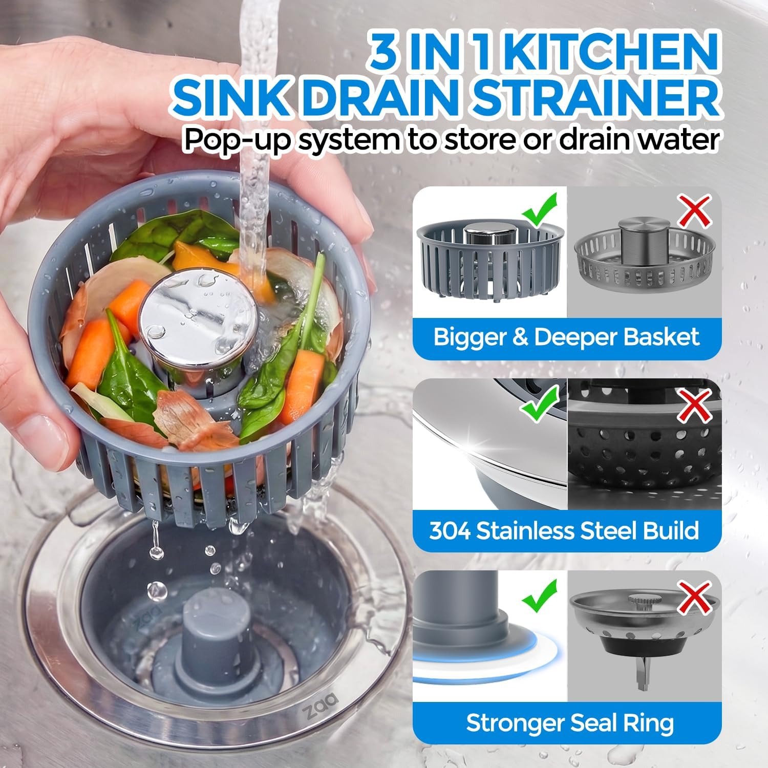 Three in One Kitchen Sink Strainer Stopper with Pop-Up Drain Cover: image 2
