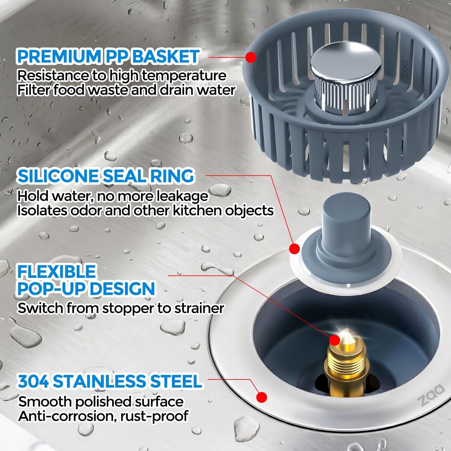Three in One Kitchen Sink Strainer Stopper with Pop-Up Drain Cover: image 6