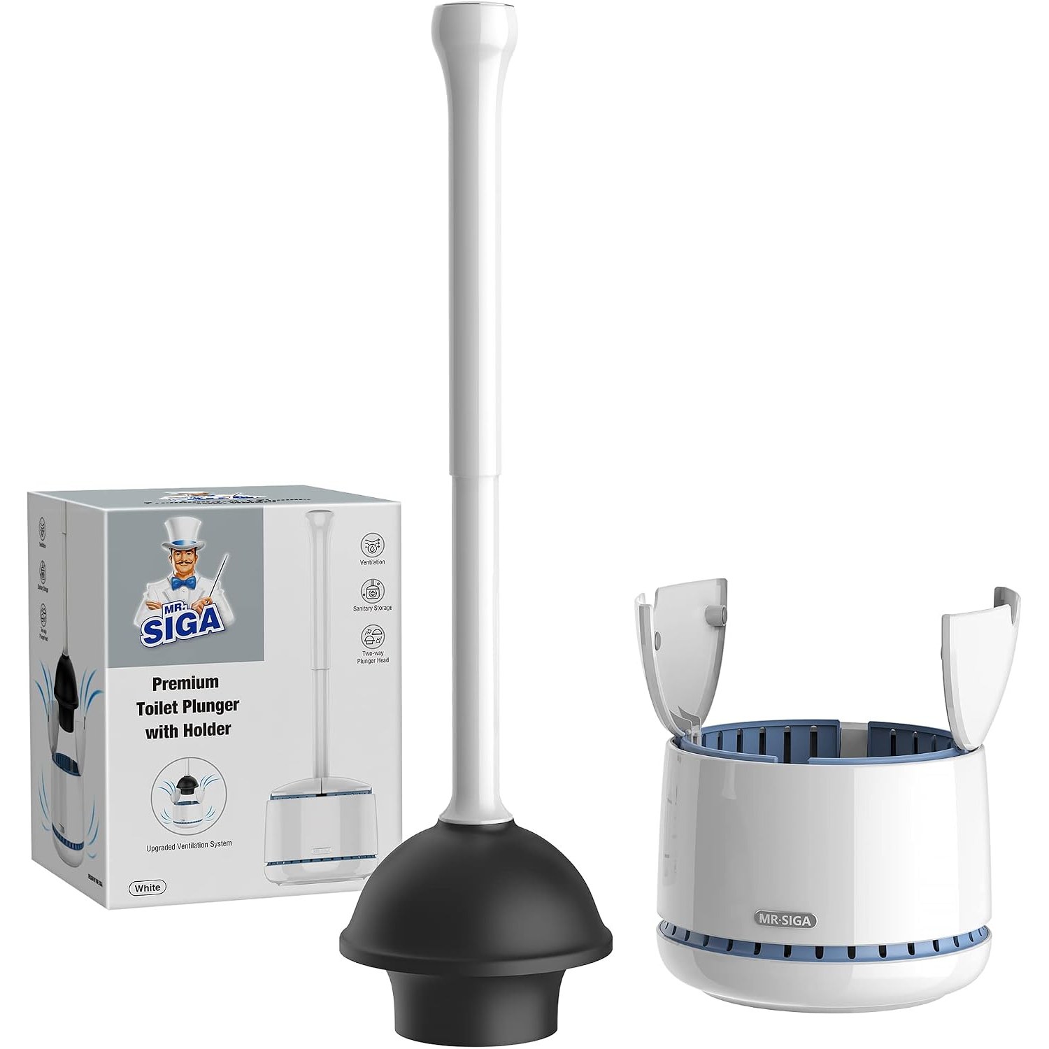 Toilet Plunger with Covered Holder and Auto-Lift Lid