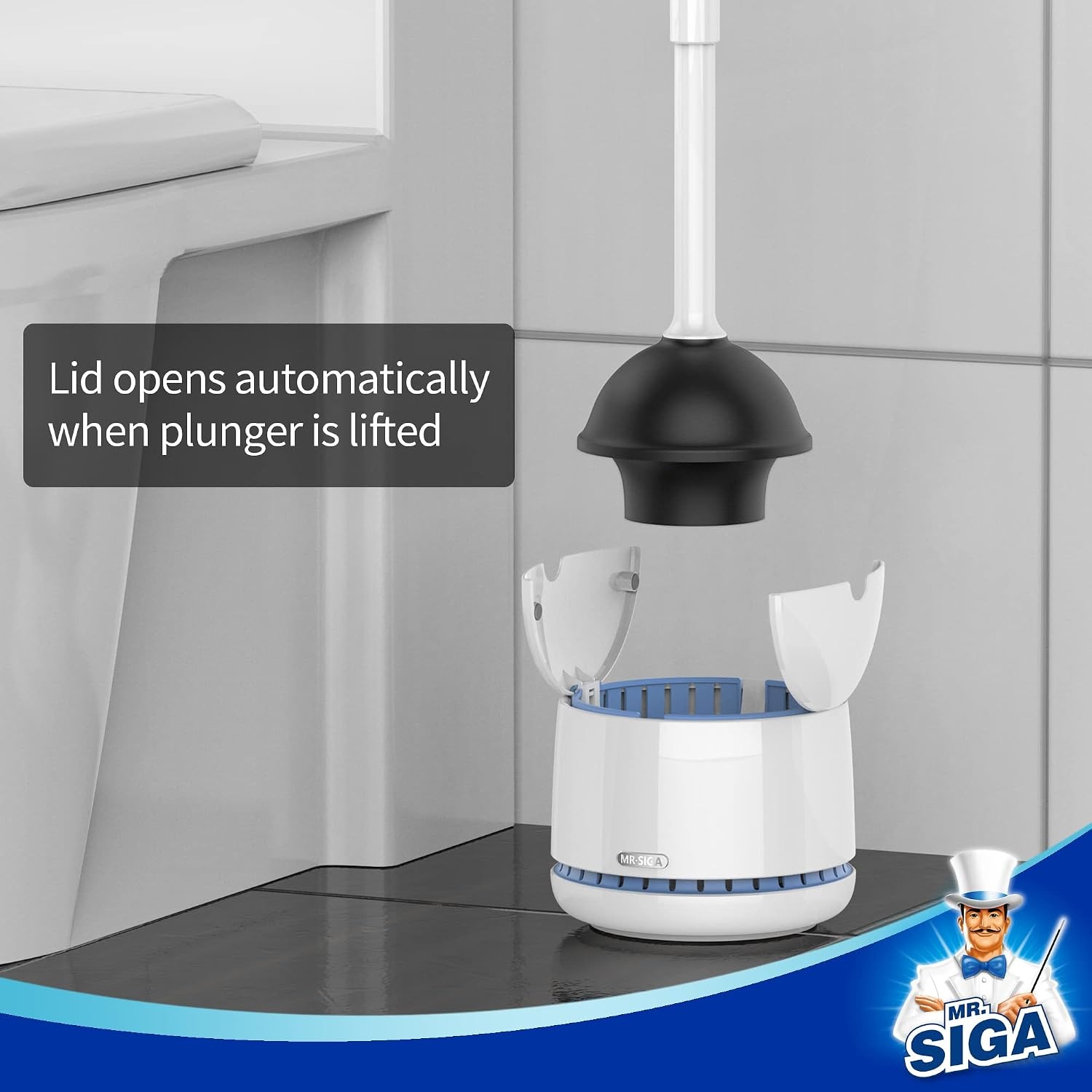 Toilet Plunger with Covered Holder and Auto-Lift Lid: image 3