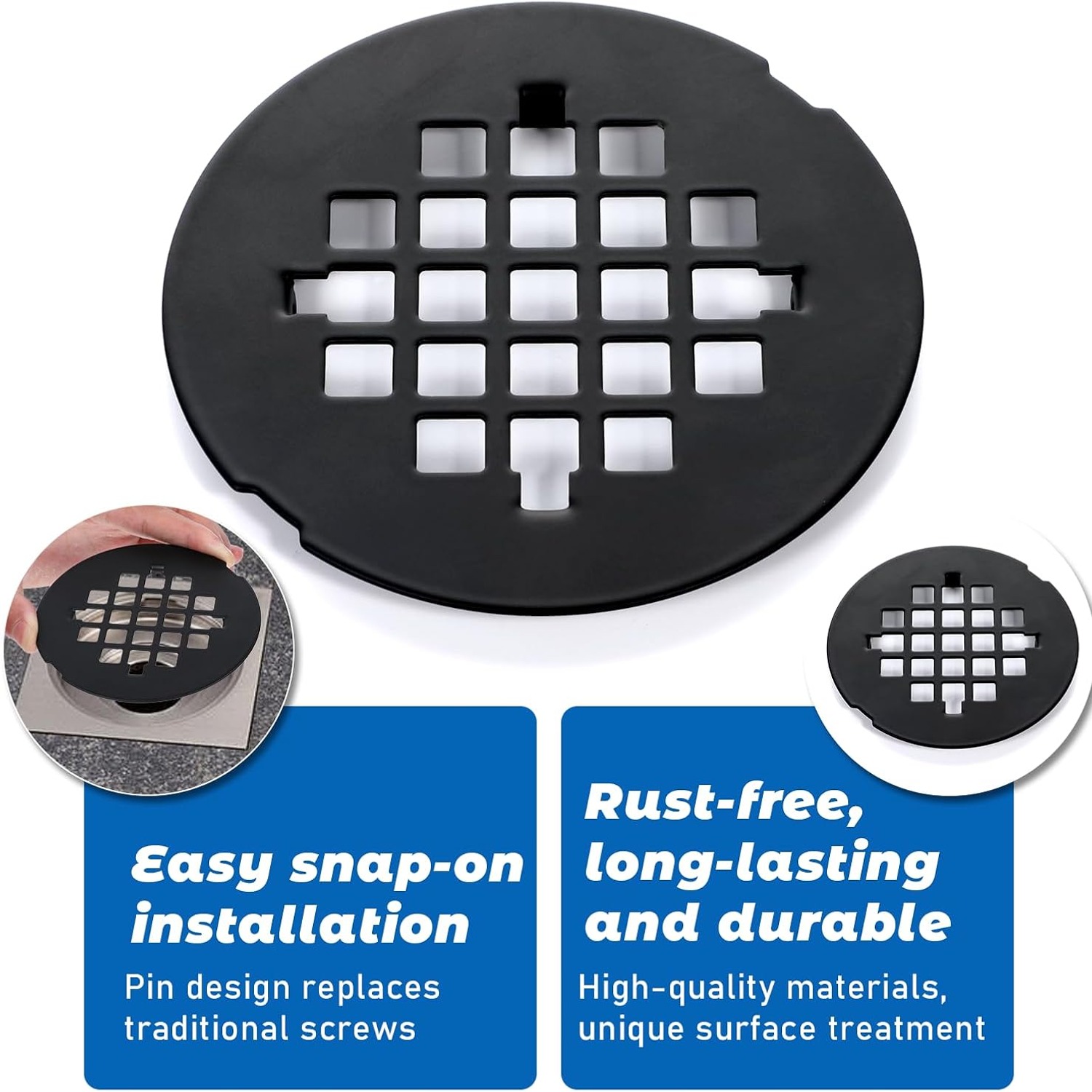 Snap In Shower Drain Cover (Black, 4.25 inch Round): image 3