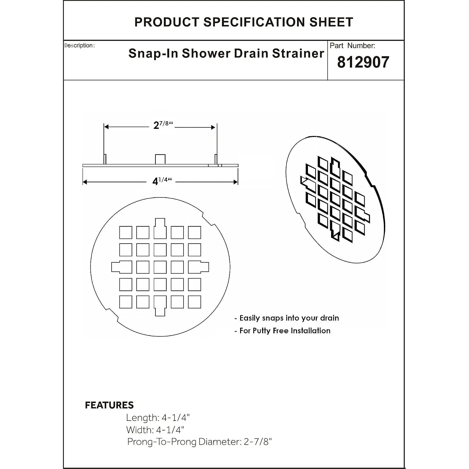 Snap-In Chrome Shower Drain Cover, 4.25 Inch Stainless Steel Strainer Grid
