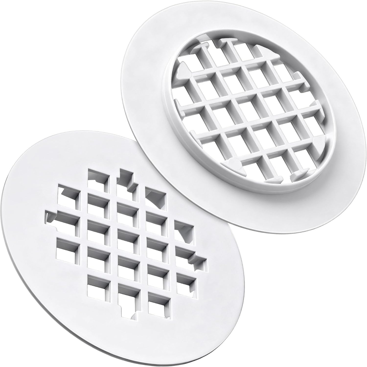 Snap In Shower Drain Cover, White Round PVC Strainer Grid, 2 Pack