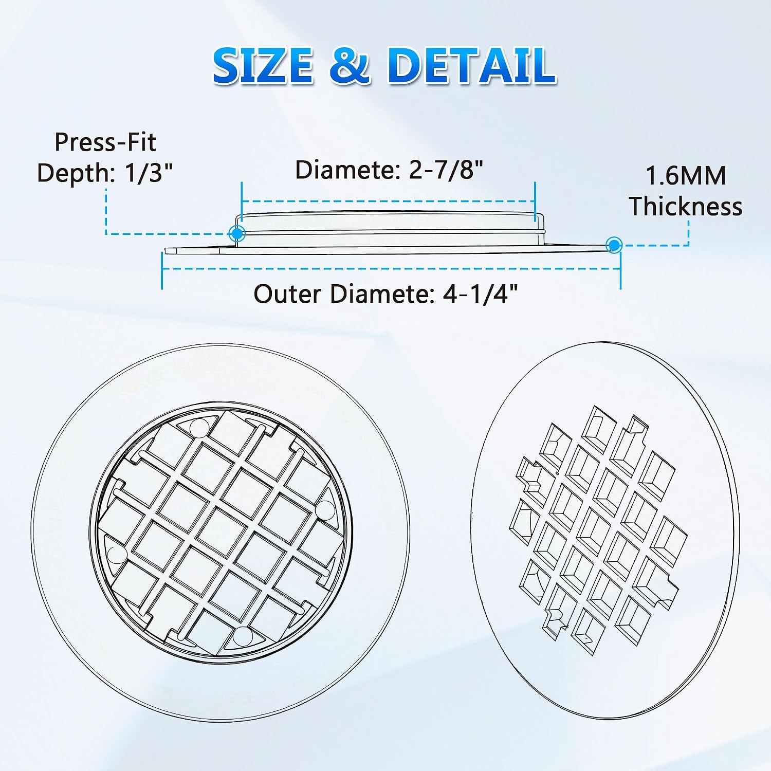 Snap In Shower Drain Cover, White Round PVC Strainer Grid, 2 Pack: image 2