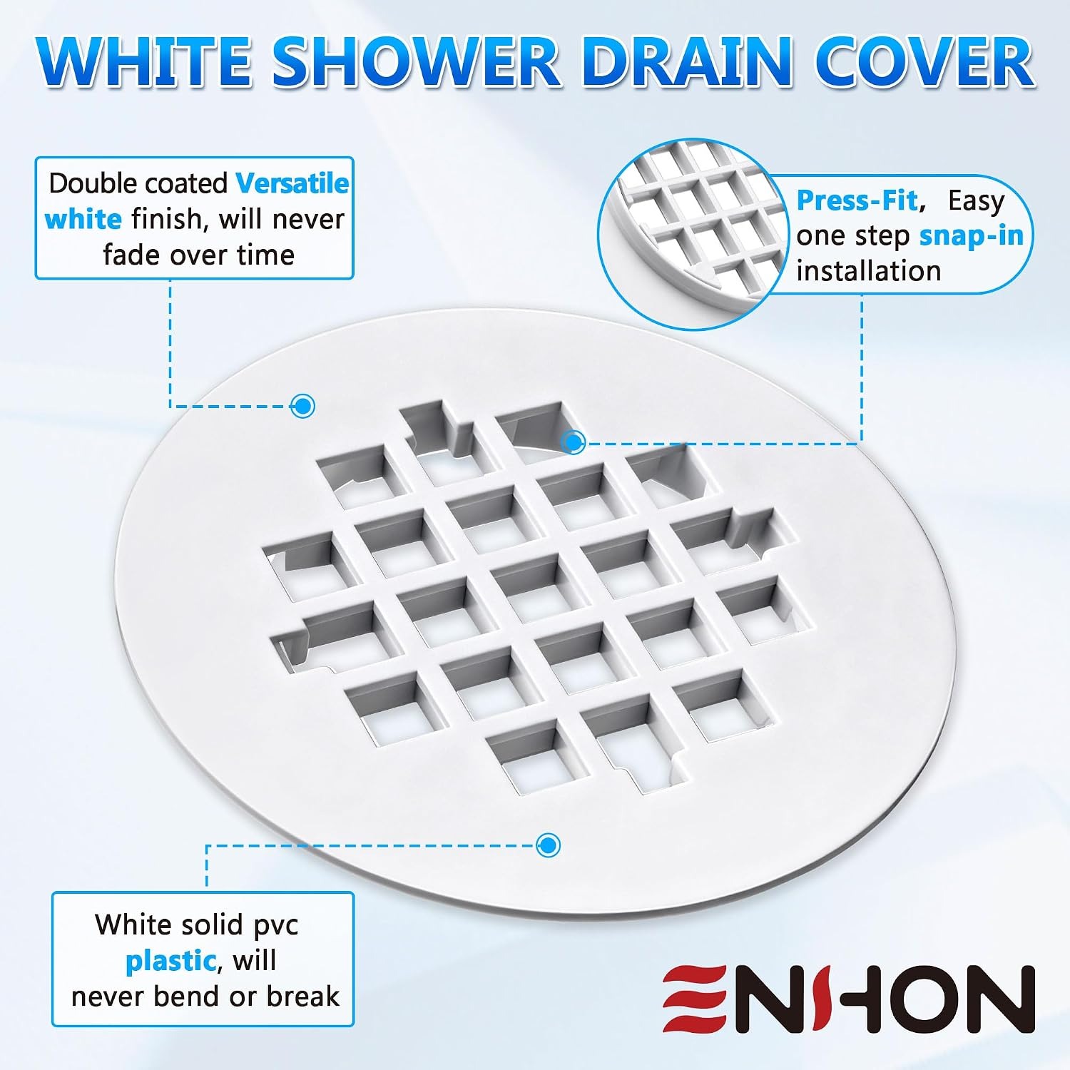 Snap In Shower Drain Cover, White Round PVC Strainer Grid, 2 Pack: image 3