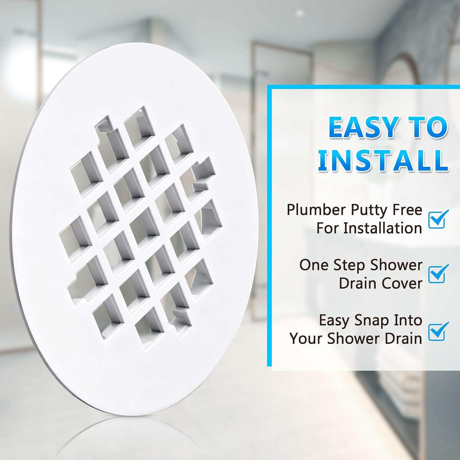 Snap In Shower Drain Cover, White Round PVC Strainer Grid, 2 Pack: image 6