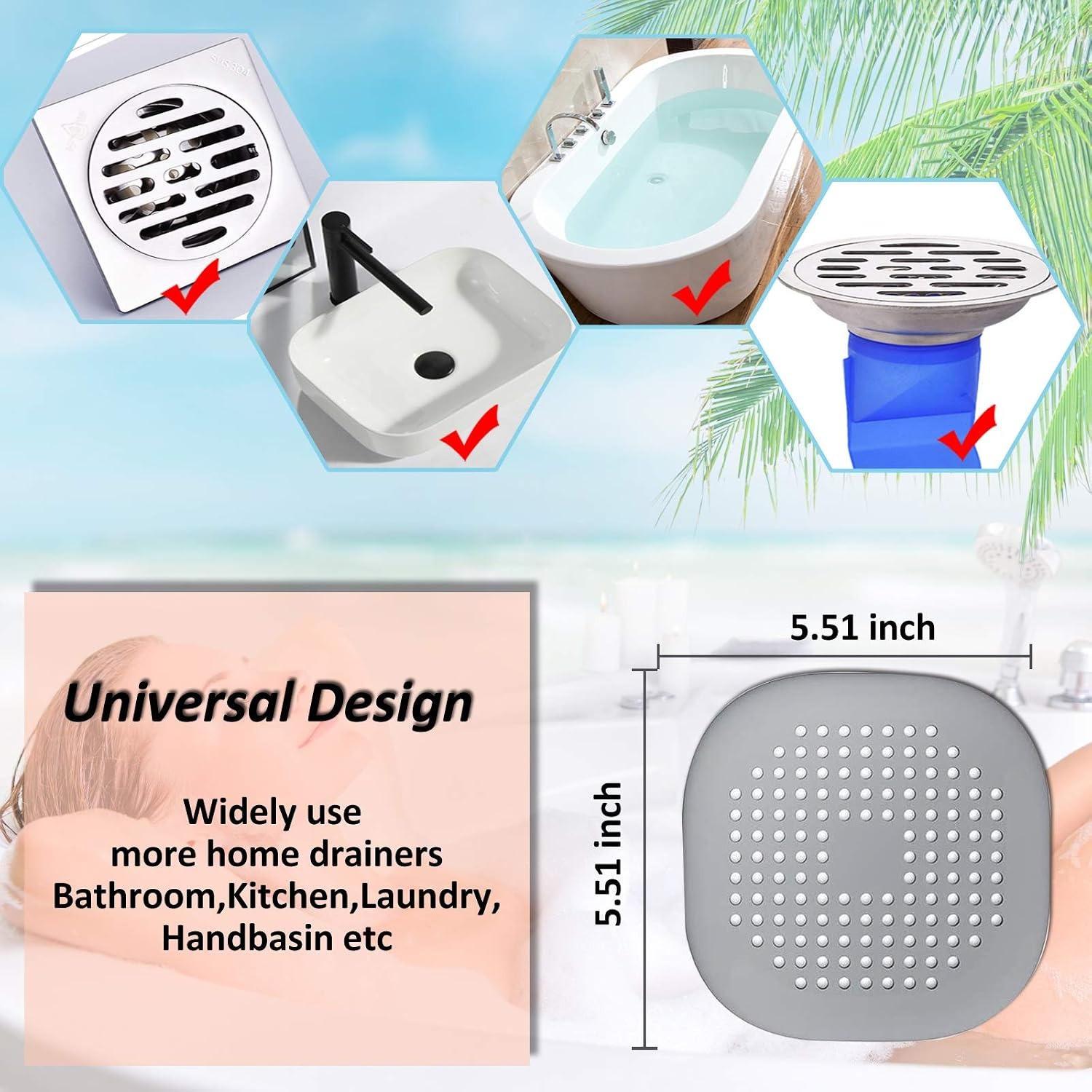 Square Silicone Shower Drain Cover with Suction Cups (2 Pack)