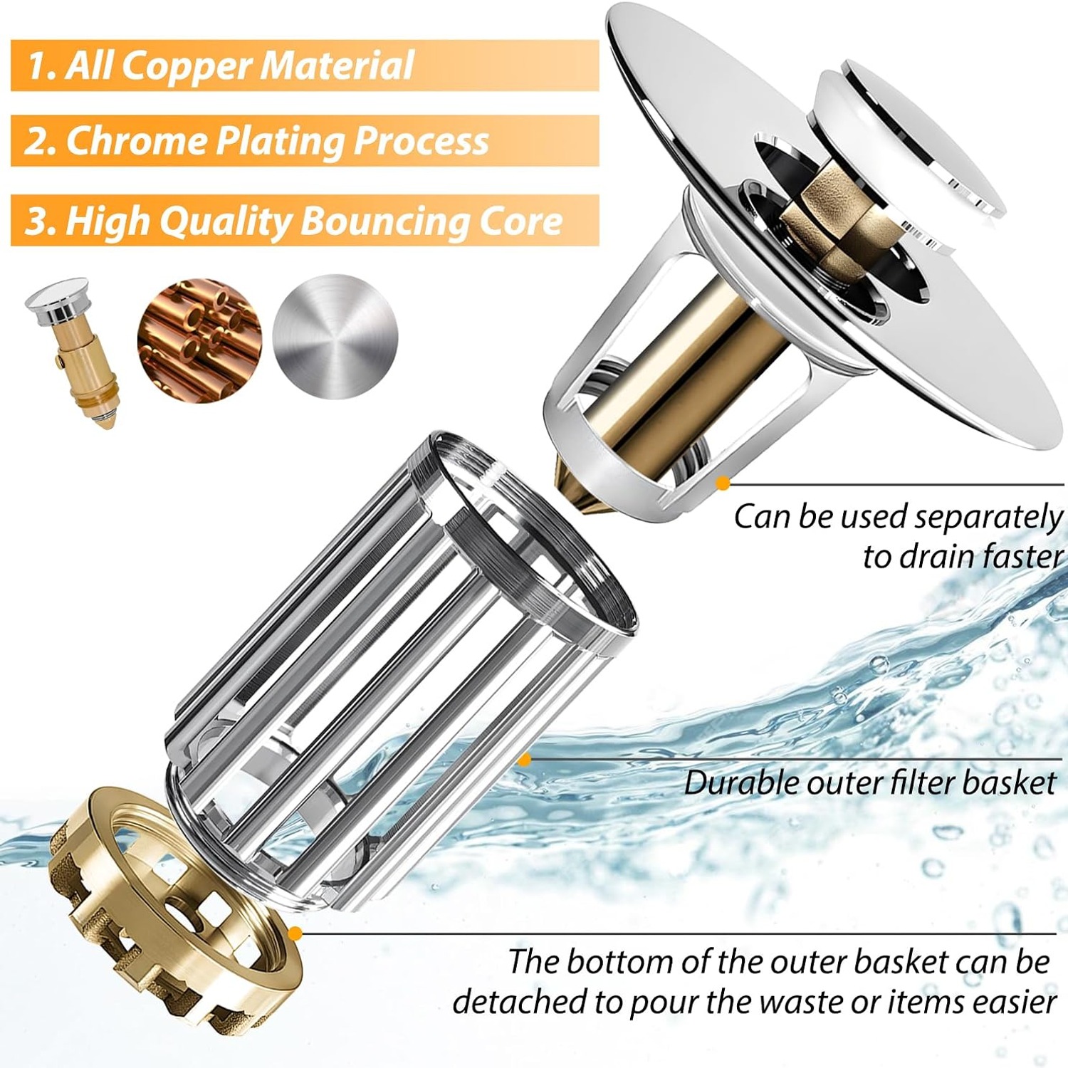 Pop Up Bathroom Sink Stopper with Filter Basket: image 2