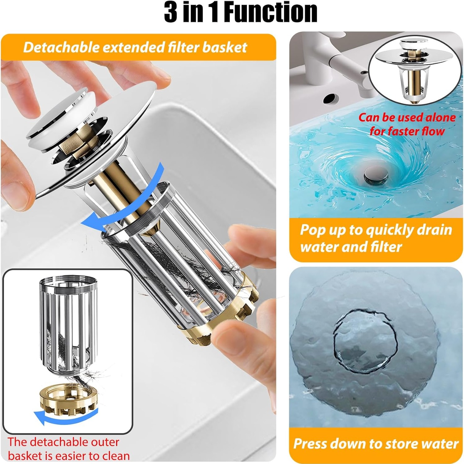Pop Up Bathroom Sink Stopper with Filter Basket: image 5